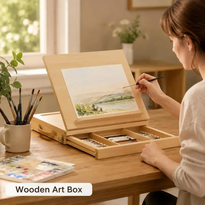 Table easel, small easel, 1 drawer, 3 compartments, solid wood, natural 1