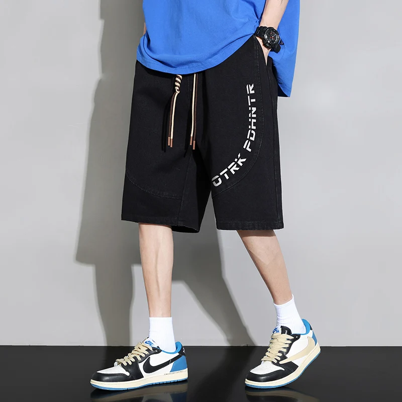 Fashion Spliced Printed Letter Casual Denim Shorts Men's Clothing 2024 Summer New Loose Elastic Lace Up All-match Knee Shorts