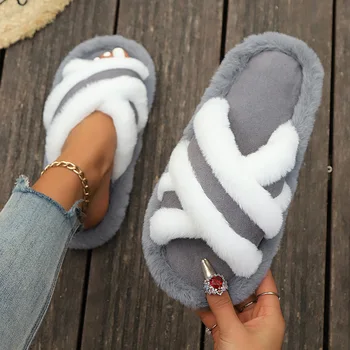 2025 New Furry Slippers Home Women's Fluffy Slides Autumn Winter Indoor Fashion EVA Light Cross Flip Flops Soft Flat Shoes Woman 1