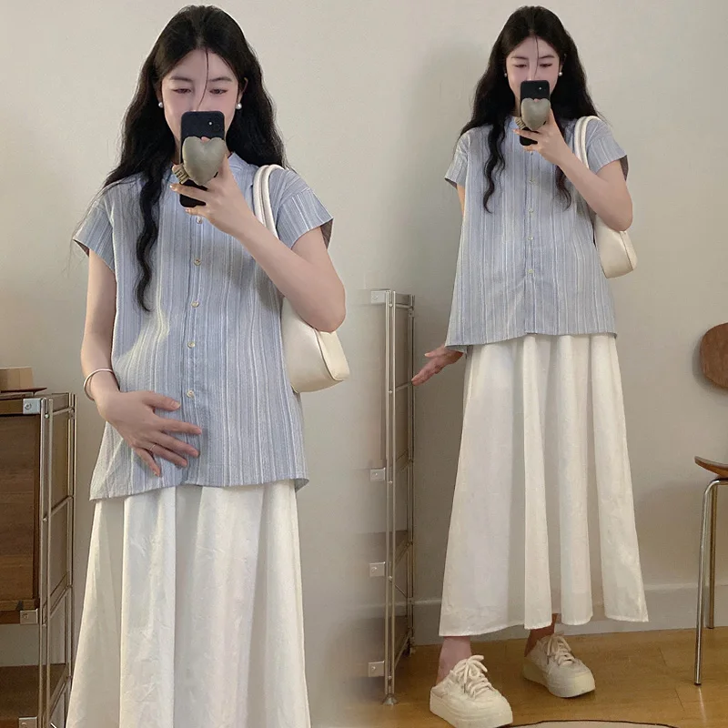Korean Style Maternity Skirt Set Summer Short Sleeve Striped Cotton Linen Shirts Belly Skirts Twinset Pregnant Woman Clothes Set