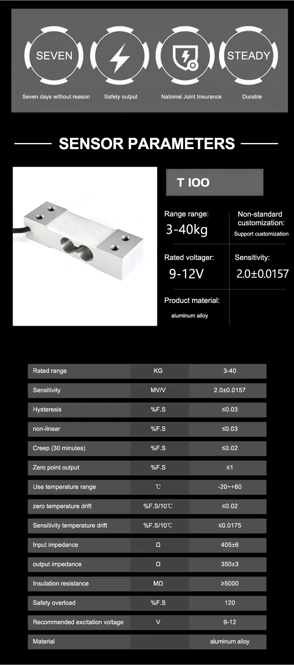 Description Picture 3 of itemSingle Point Load Cell T100 Cantilever Weighing Sensor Strain Pressure For Electronic Computing Scales Shear Beam Load