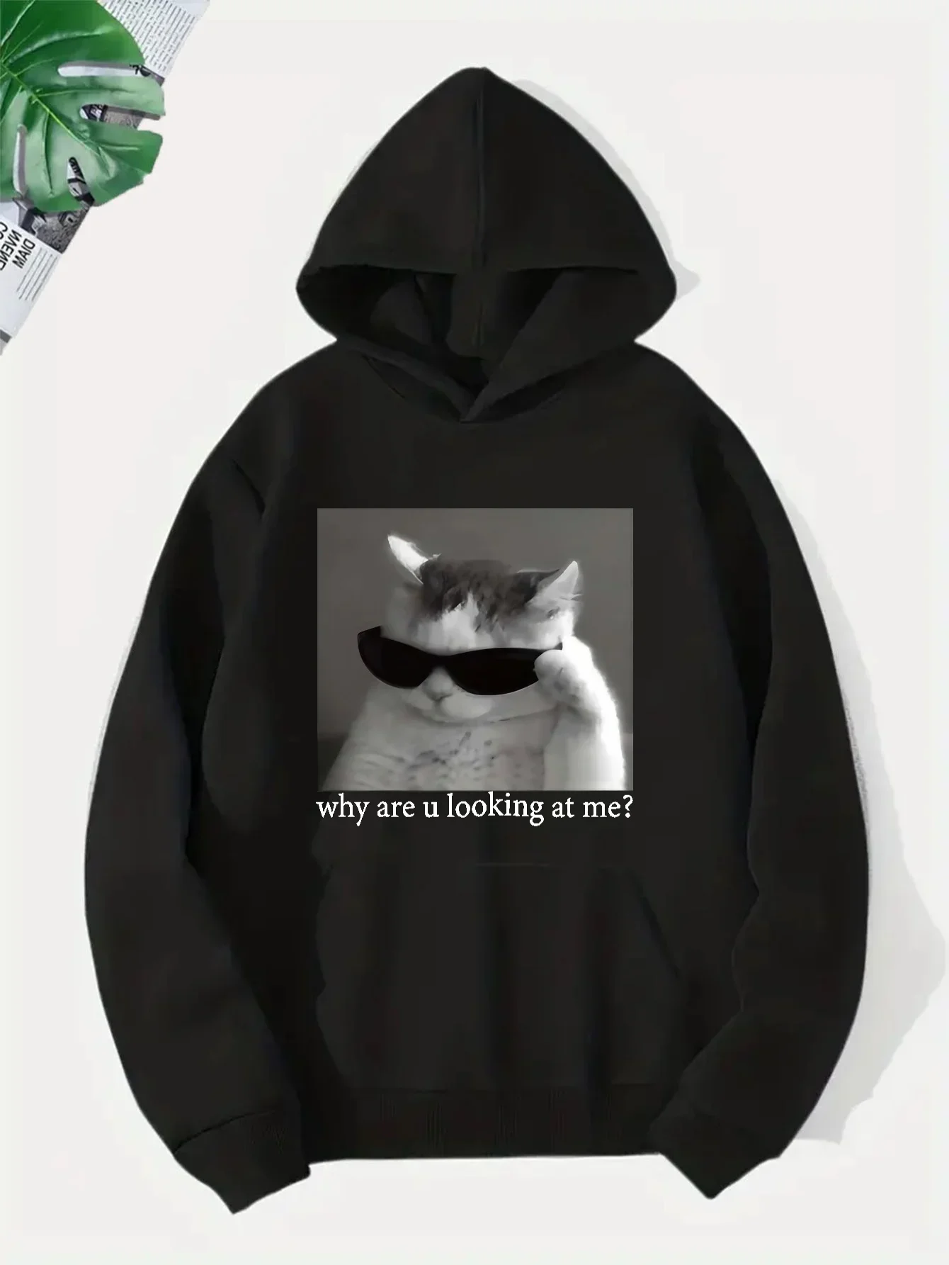 

Long Sleeve Men's Funny Slogan Cool Kitten Wearing Sunglasses Print Hoodies Street Casual Sweatshirt, Autumn Winter Fashion Warm