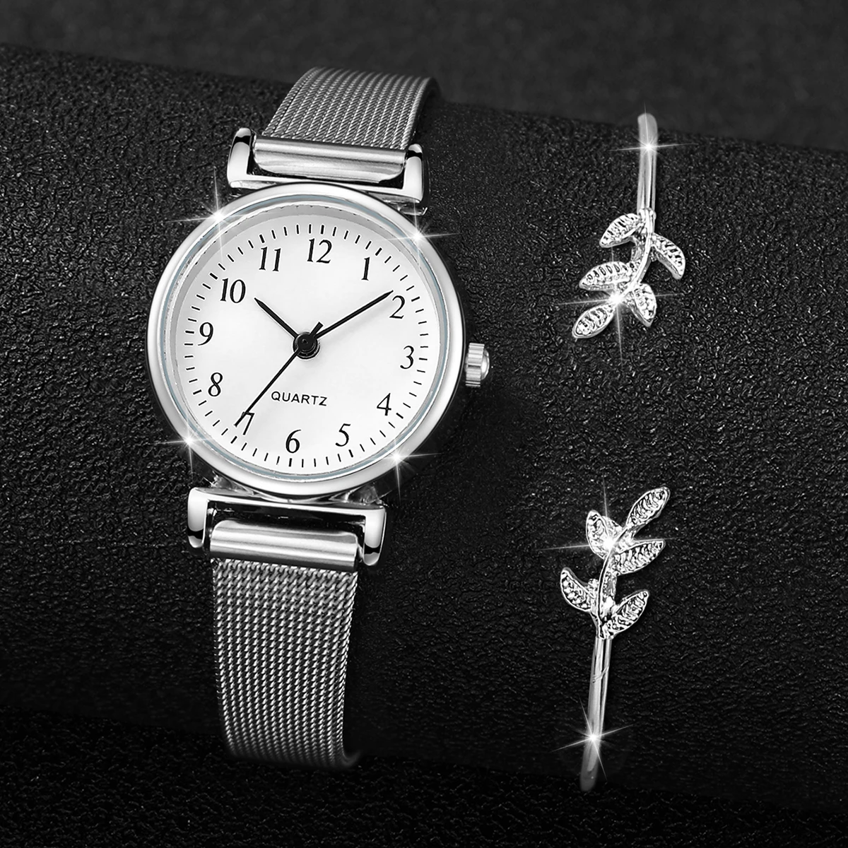 2PCs/Set Fashion Women's Watch Casual Mesh Strap Round Dial Quartz Watch with Leaf Shaped Bracelet(Box Not Include)