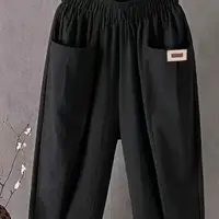 Women Summer Cropped Pants Mid-rise Elastic Waistband Wide Leg Pants Casual Solid Color Pockets Design Harem Trousers - Image 5