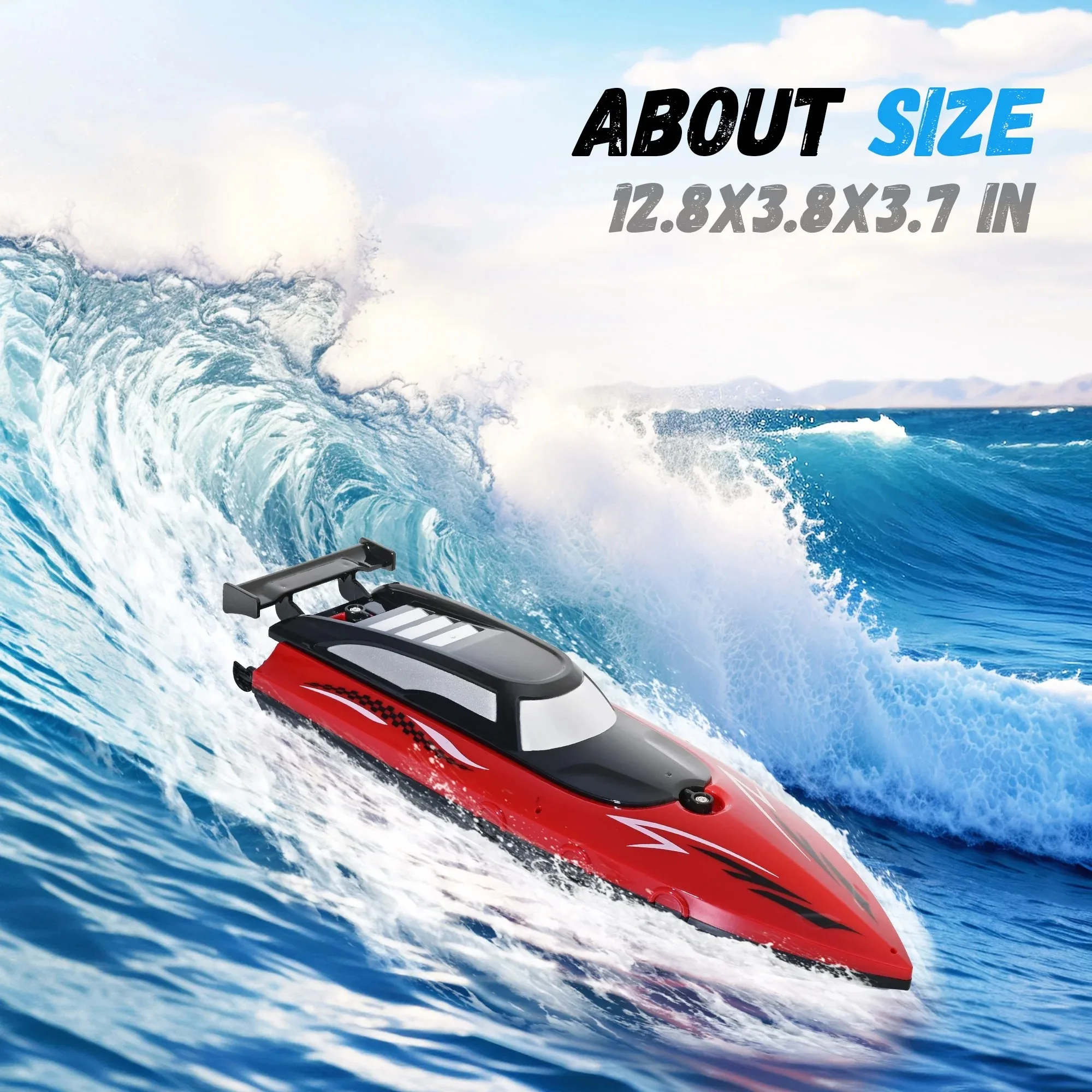 Bateau RC étanche flottant sur un lac calme, prêt pour l'aventure aquatique.