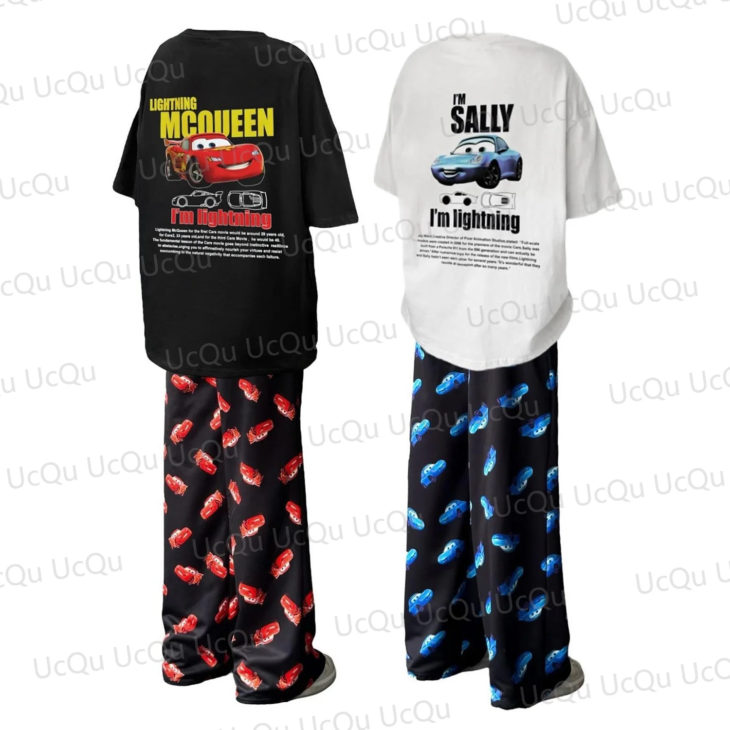 2024 The Cars Lightning McQueen&SALLY Summer Cotton T-Shirt With Pajama pants Oversized Suit For Adult/Kids his-and-hers clothes 2