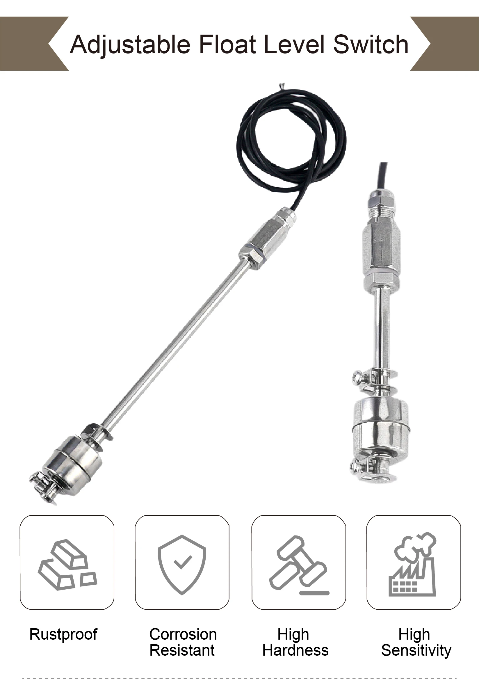 304 Stainless Steel Liquid Level Sensor Float Switch Adjustable 100‑800mm Single