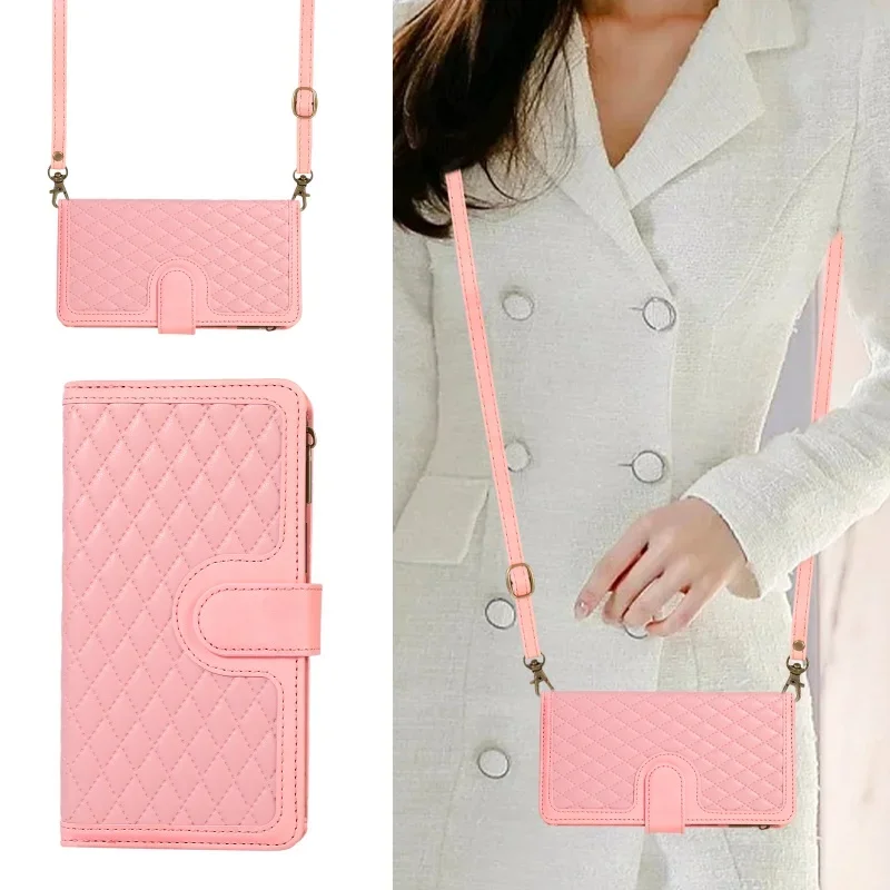 Luxury Zipper Leather Flip Wallet Phone Case with Lanyard and Card Holder