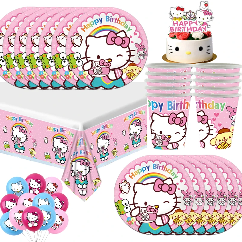 Hello Kitty Party Supplies Set Cat Cups Plates Tablecloth Napkin Toys