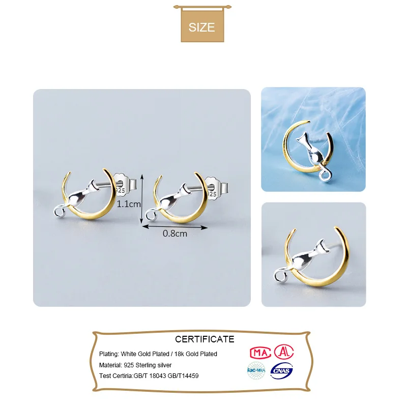 925 Solid Real Sterling Silver Cat Stud Earring for Women Girl Kid Fashion Jewelry DS1709