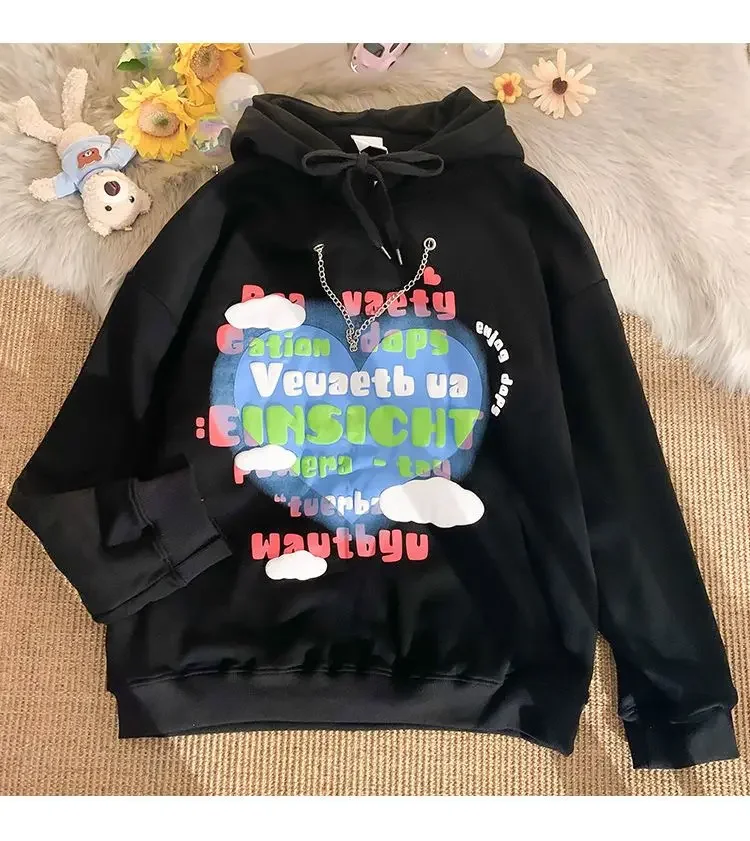 New style with chain suede American high street black foam letter hoodie female vibe style student couple loose y2k top 23ss high street fashion broken planet hoodie skin pink cactus sweatshirt top quality foam print activewear eu sizes xs xl