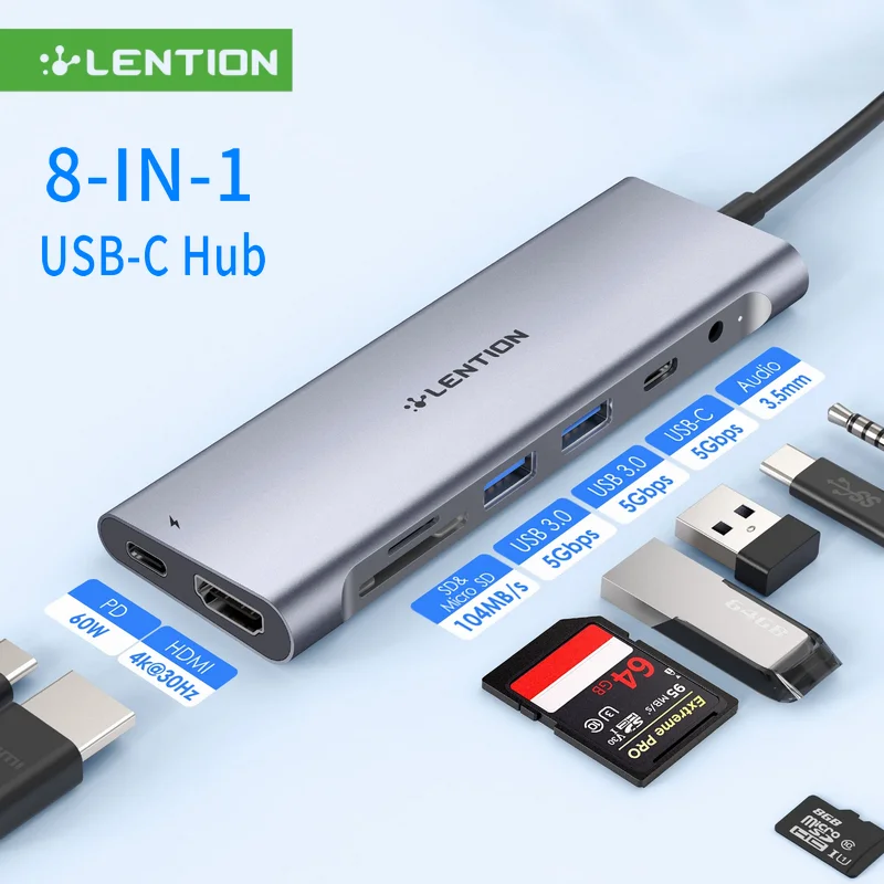 8 In 1 USB-C Hub 4K60Hz Type C to HDMI Adapter for MacBook Pro Air, iPad M1/M2 DP, 60W PD,SD/TF, RJ45 USB C Hub Docking Station