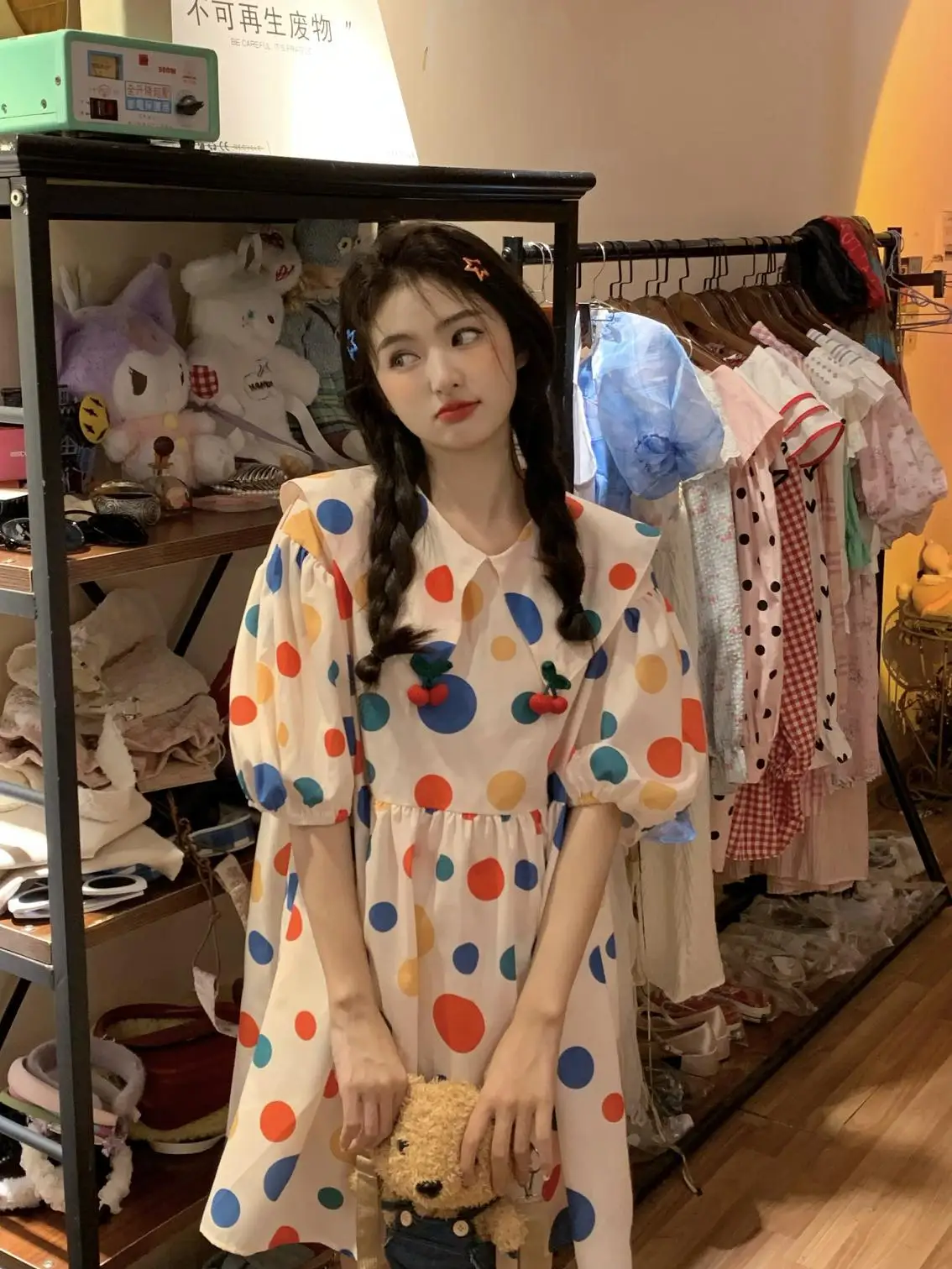 Maternity Tops Sweet Korean Style Peter Pan Collar Short Sleeve Maternity Blouse Long Loose Pregnancy Polka Dot Shirt Pregnant Woman Dress