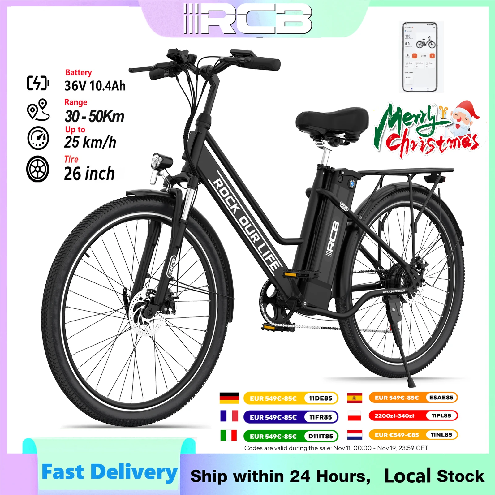 Elektrofahrrad RCB RK8S, 26-Zoll-City-E-Bike, herausnehmbarer Akku mit 36 V und 10,4 Ah, 250-W-Hochgeschwindigkeitsmotor, Reichweite bis zu 50 km, 25 km/h Elektrofahrrad für Erwachsene. 1