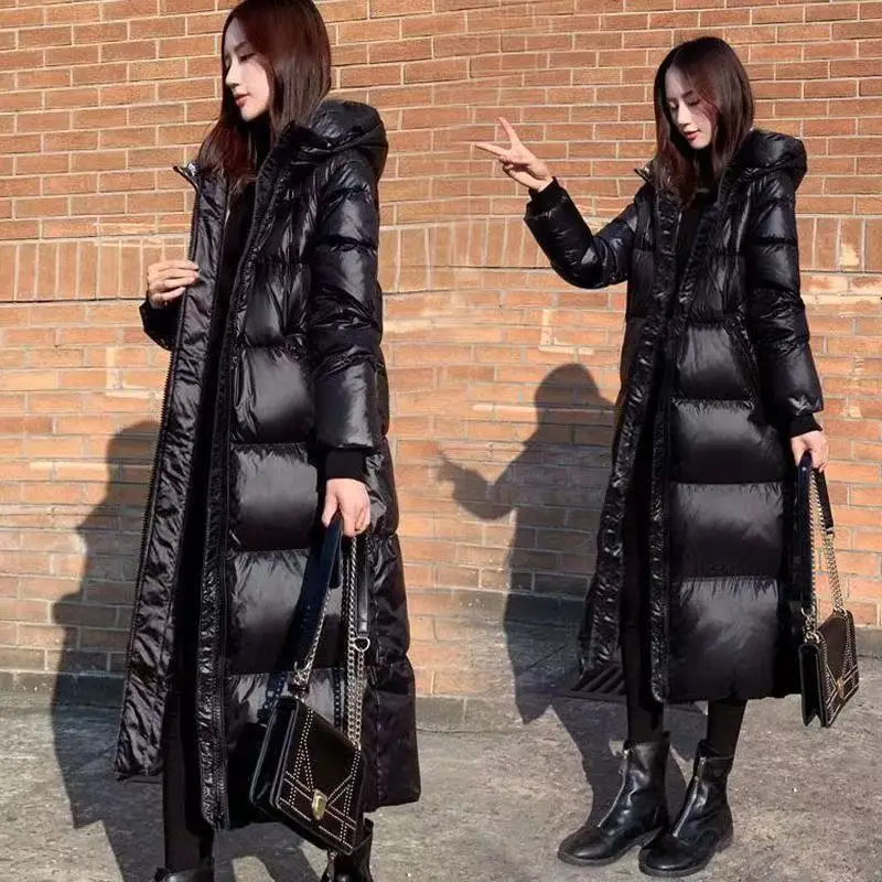 Women 2023 New Down Cotton Coat Long Knee Length Shiny Korean Version Loose Solid Color with Zipper Button Joker Age Reduction