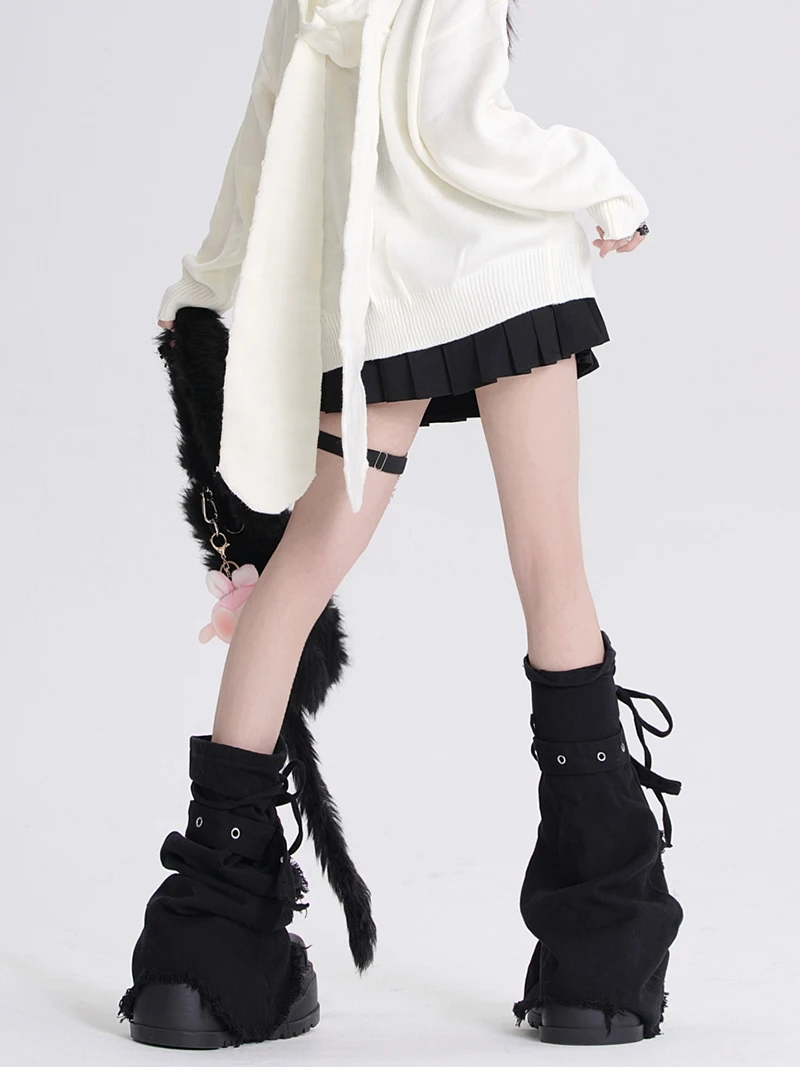 ReddaChic Acubi 패션 여성용 레그 워머, 블랙 데님 크로스 스티치 벨트 붕대, 무릎 긴 양말, Y2k 일본 소녀 부츠 커버
