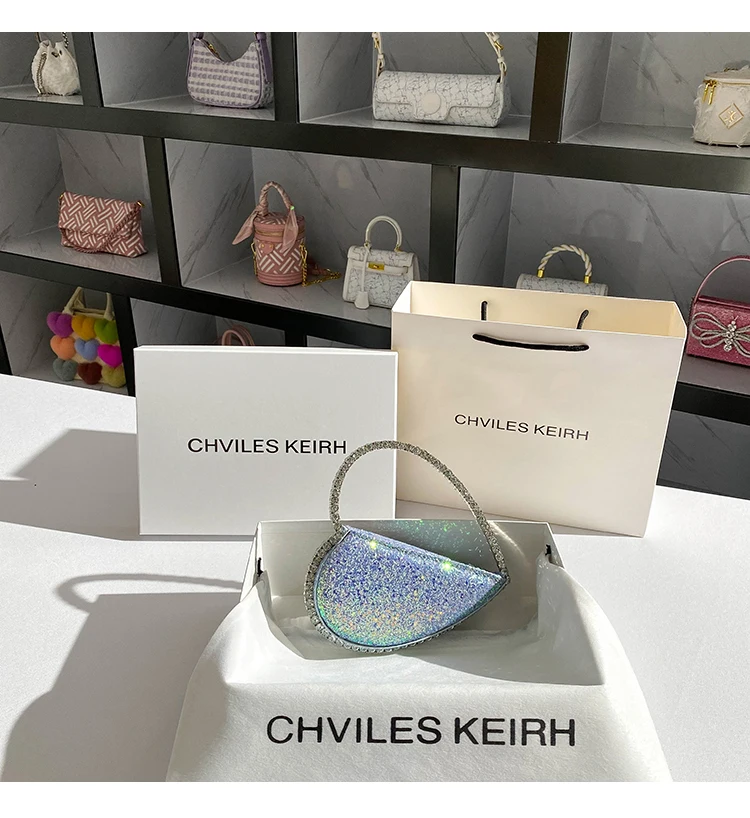 

Luxury Designer Diamonds Metal Handle Handbag Glitter Shiny Sequined Evening Bag Wedding Party Clutch Purse Women Shoulder Bag