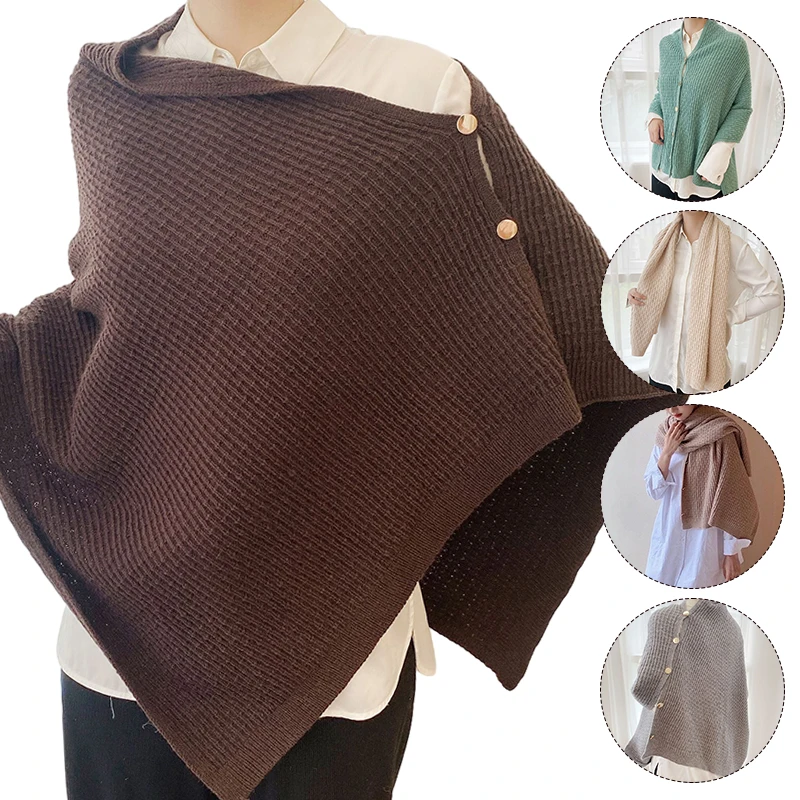 Womens Capes Coat Autumn Winter Female Ponchos Wraps with Buttons Stoles Single Breasted Knitting Ladies Outerwear Cardigan