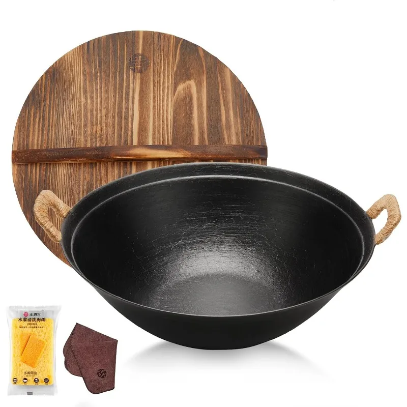 Cast Iron Wok Pan,Handmade Wok Wok Stir with Dual Handle and Wooden Lid,Suitable for All Cooktops,Uncoated 5
