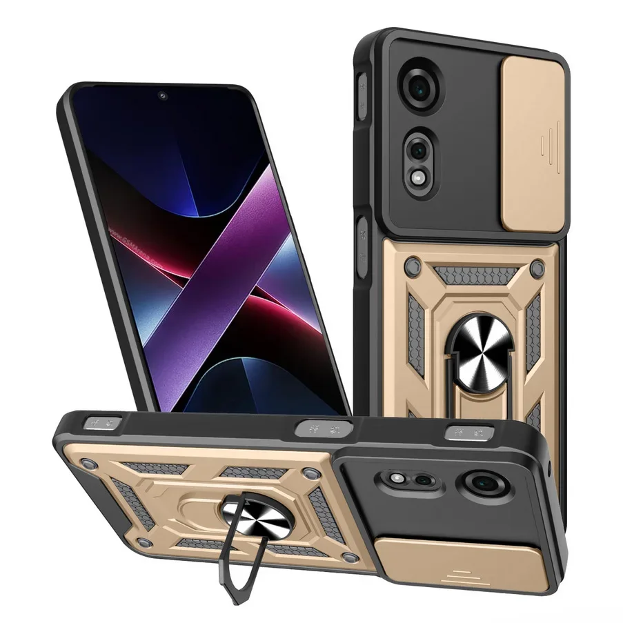 Magnetic Metal Ring Holder Shockproof Armor Case with Slide Lens Cover