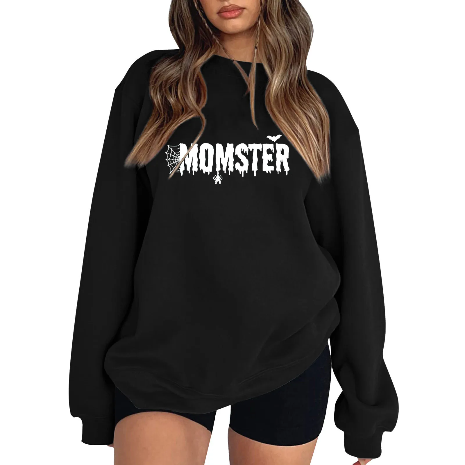 

Loose Fit Halloween Letter Print Long Sleeve Pullover Sweatshirt Autumn Winter Harajuku Korean Version Oversize Women Clothing