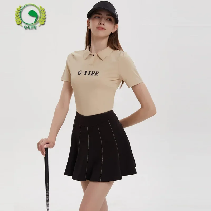 G-Life Golf Women's Short Sleeved T-shirt Korean Letter Printed Polo Tops Ladies A-lined Pleated Golf Skorts High Waist Skirts