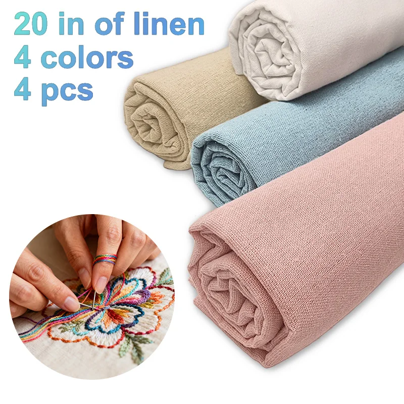 Set of 4 Natural Linen Knitted Fabrics - Solid Color Embroidered, 50x50cm Handcrafted Linen Accessories