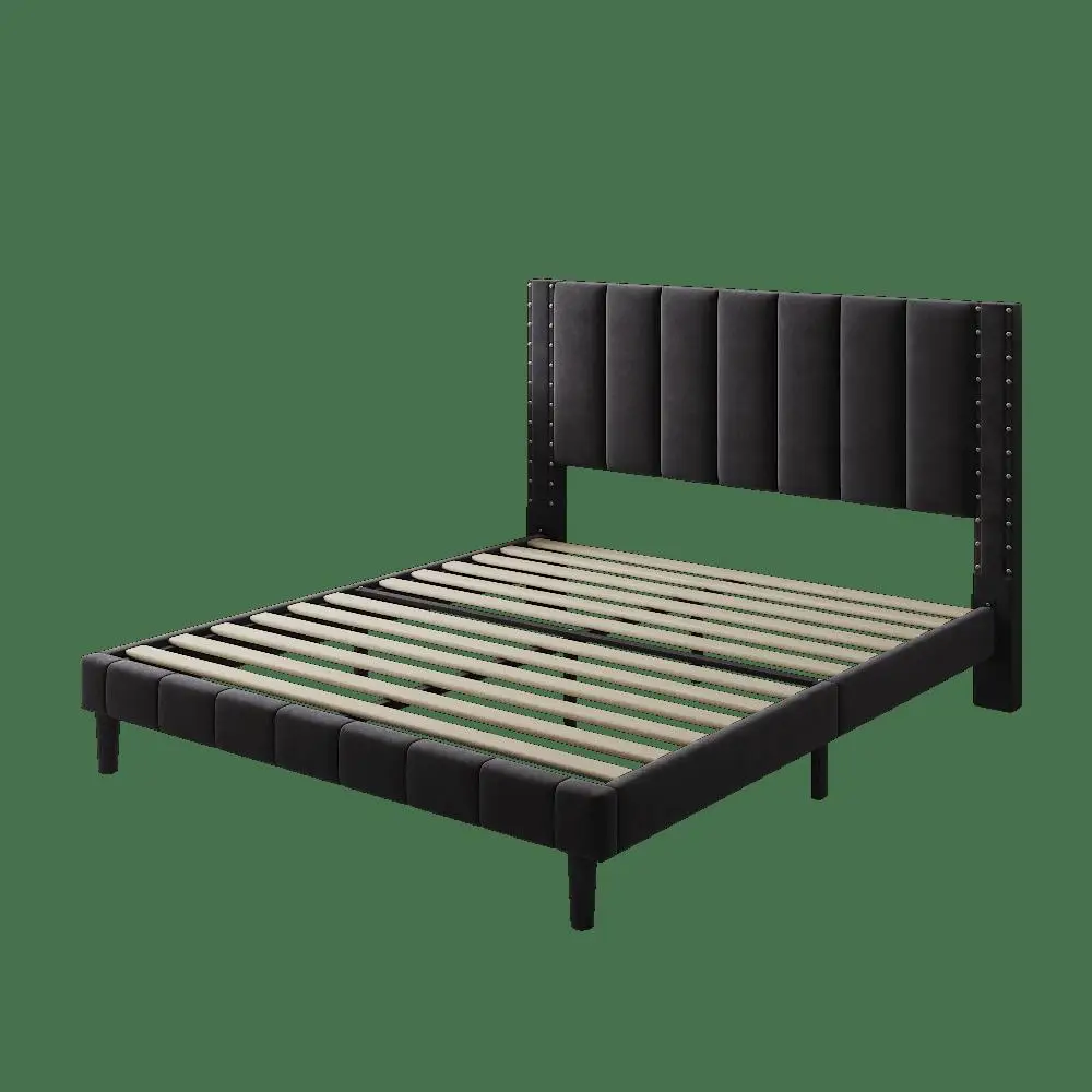 Upholstered Platform Bed Frame Full Size Heavy Duty Metal Wood Slats with Rivet Decor Vertical Channel Headboard No Box Spring 5