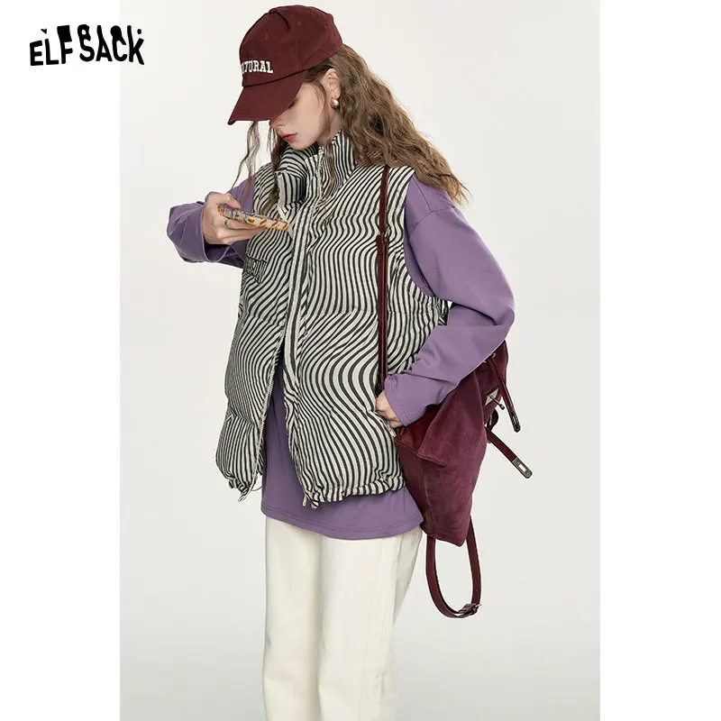 ELFSACK Striped Detachable Down Vest Women 2023 Autumn/Winter New Loose Warm Outwears