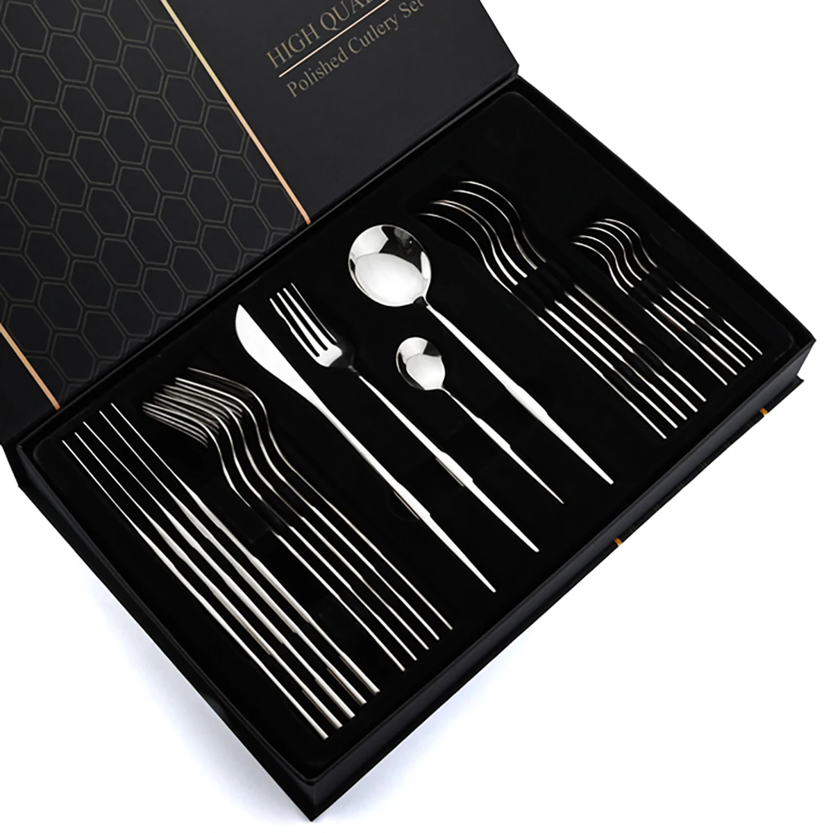 Description Picture 3 of item24pcs Gold Flatware Set Stainless Steel Cutlery Gift Box Set - Mirror Polished Luxury Western Food Steak Knife Spoon Suitable