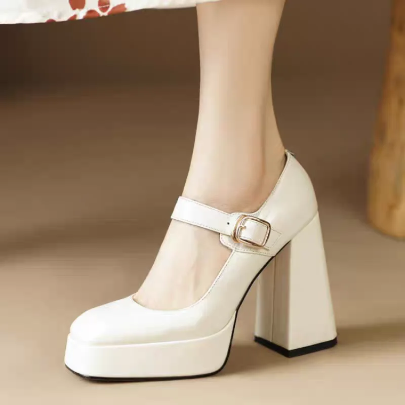 2024 New Spring Fashion Simplicity Heels Waterproof Genuine Leather Square Toe Pumps Sexy Buckle New Chunky Heels Fashion Casual