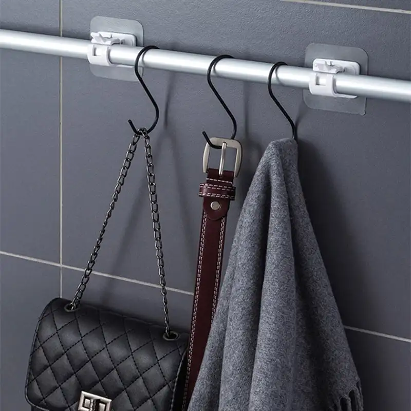Nail-Free Adjustable Curtain Rod Holder Clamp Hook Rod Bracket Holders Adhesive Wall Curtain Fixed Clip Hanging Rack Hook