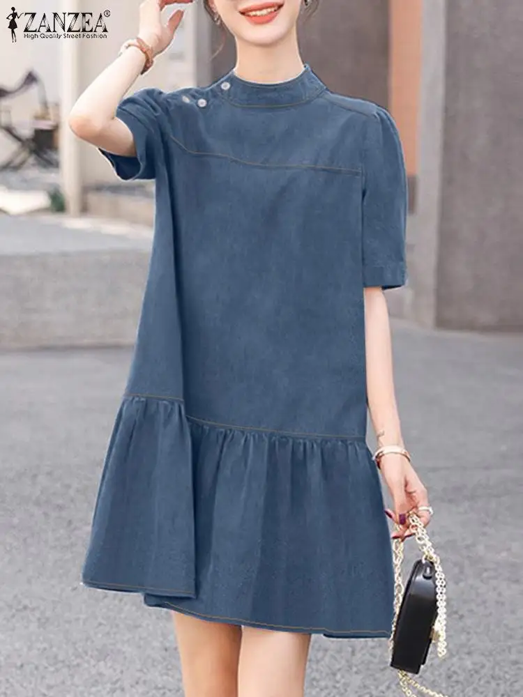 

2024 ZANZEA Summer Short Sleeve Denim Blue Sundress Women Stylish Dress Elegant Work OL Vestidos Solid Holiday Knee-length Robe
