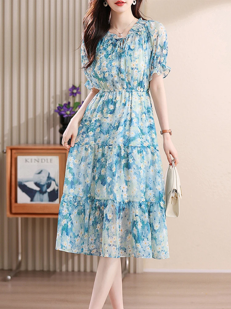 flowy korean dress Korean Women Princess White Chiffon Long Sleeve Ruffle Dress Holiday Beach  Dress
