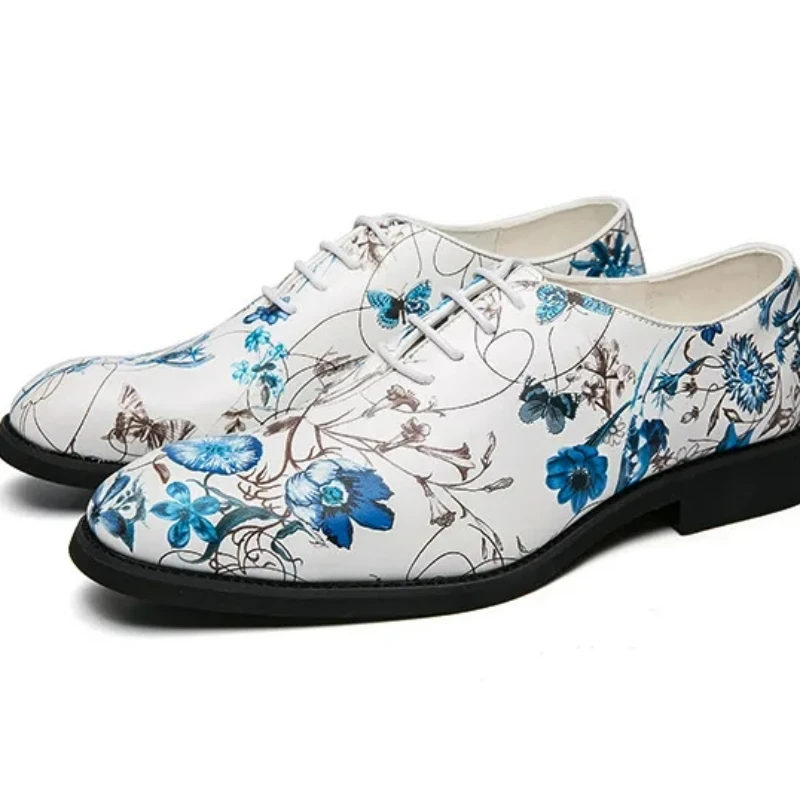 

2023Men Derby Shoes Blue White Printing Lace-up Breathable Party Dress for with Free Shipping Zapatos De Hombre