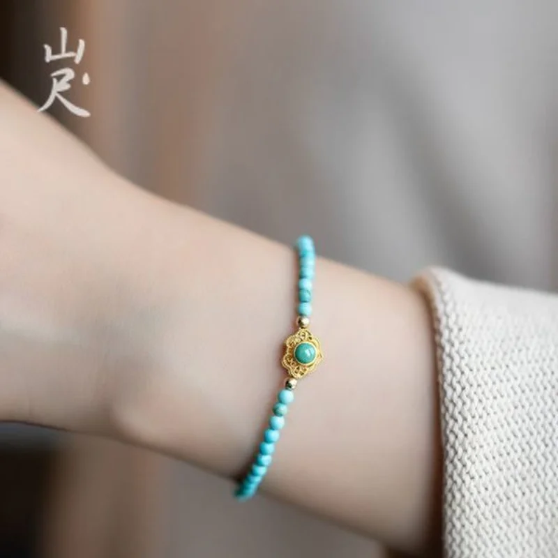 

Natural Turquoise Fine Bracelet Women's Single Circle Green Jewelry Niche Noble Hand String Buddha Pearl Wen Play Ruyi Hand Rope