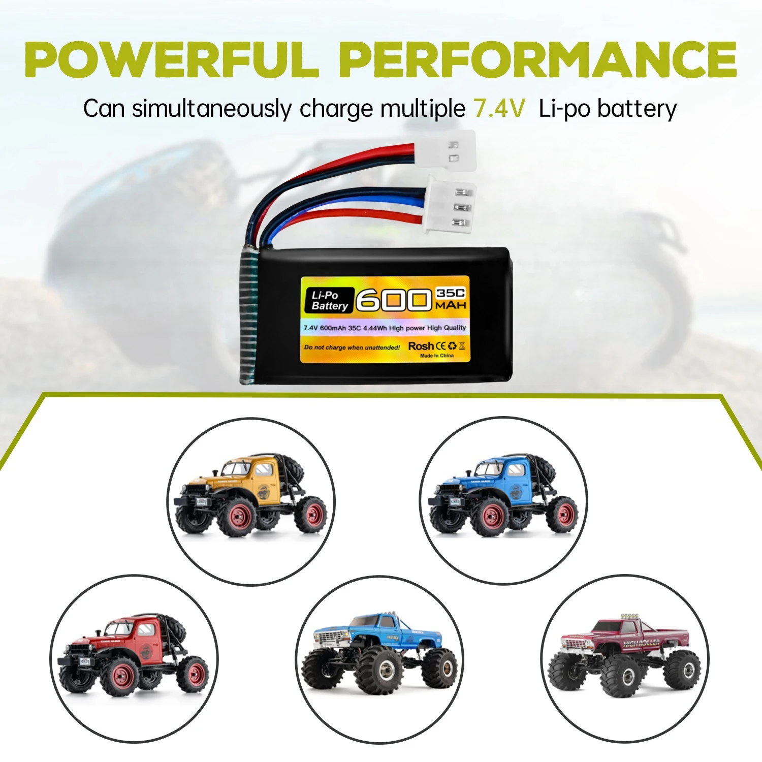Deux batteries LiPo 7.4V 600mAh 35C 2S côte à côte, avec étiquettes et connecteurs visibles.