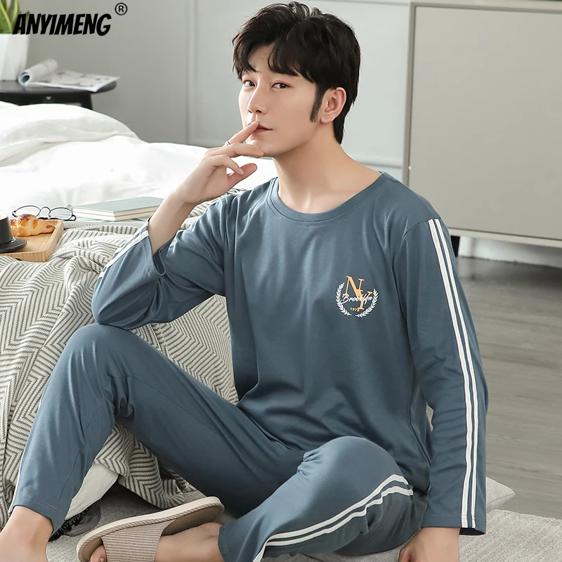 Pajamas Mans Cotton Plus Size Pajamas Long Sleeved Pullover Sporty Homewear Leisure Nightwear Loyal Blue Pjs Men Home Clothing mens cotton pajama sets Pajama Sets