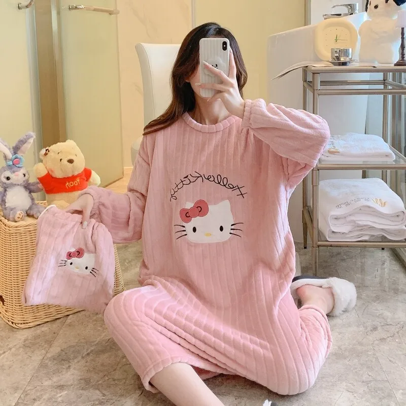 

Kawaii Hello Kitty Sanrio Pajamas Cinnamoroll Cartoon Cute Girls Winter Coral Velvet Loose Fitting Plush Thickening Toys Set
