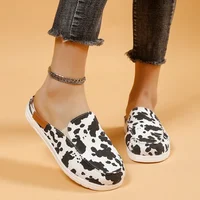 Woman Loafers Black White Cow Print Canvas Mule  Fashion Slip-on Leopard Sneakers Ladies Casual Flat Sport Slippers Plus Size 1
