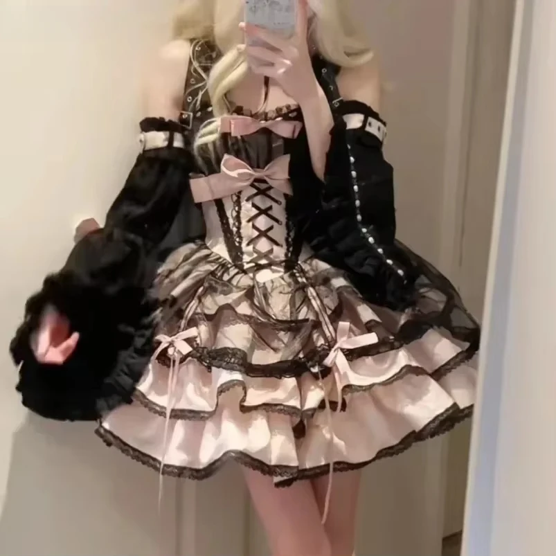 Harajuku Japanese Sweet Cute Lolita Jsk Dress Women Gothic Y2k Bow Lace Ruffles Evening Party Mini Dresses Kawaii Black Vestidos