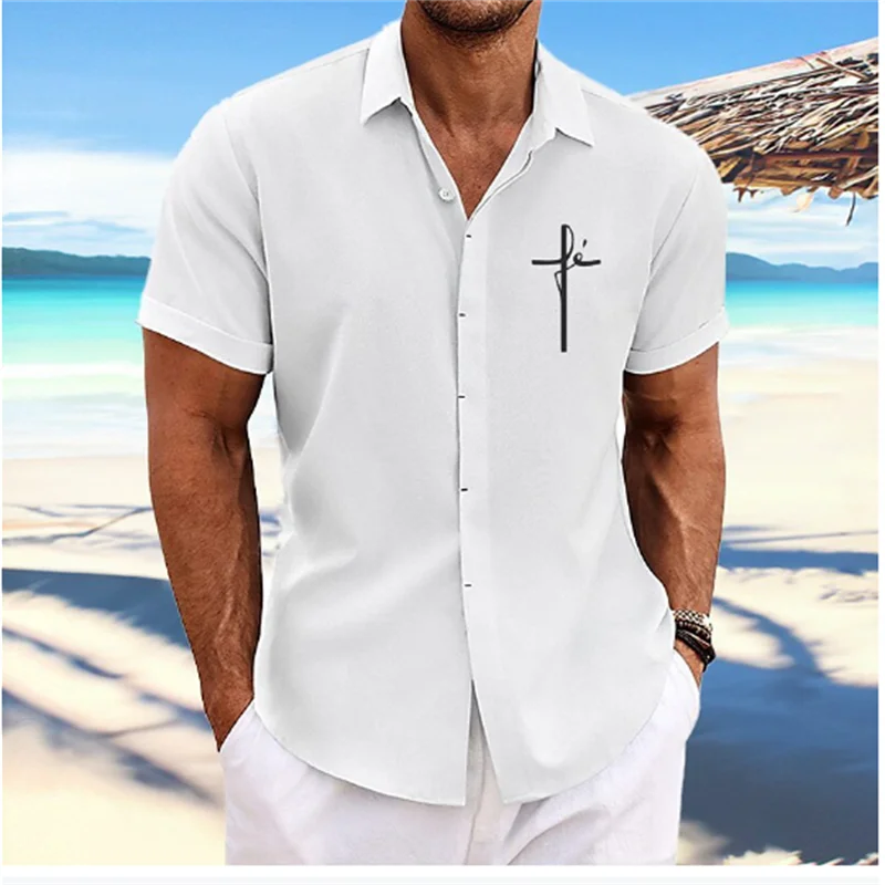 Fashion 2023 Men's Shirt Cross Print Lapel Button White Shirt Outdoor Street Short Sleeve Clothing Fashion Designer Casual Soft