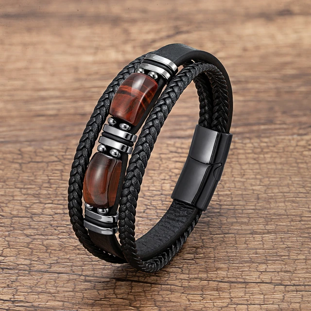 Mens Multilayer Tiger Eye Mens Leather Charm Bracelet With Magnetic Buckle  And Round Stone Beads In Black Leather Stainless Steel From Simonanry,  $8.34 | DHgate.Com