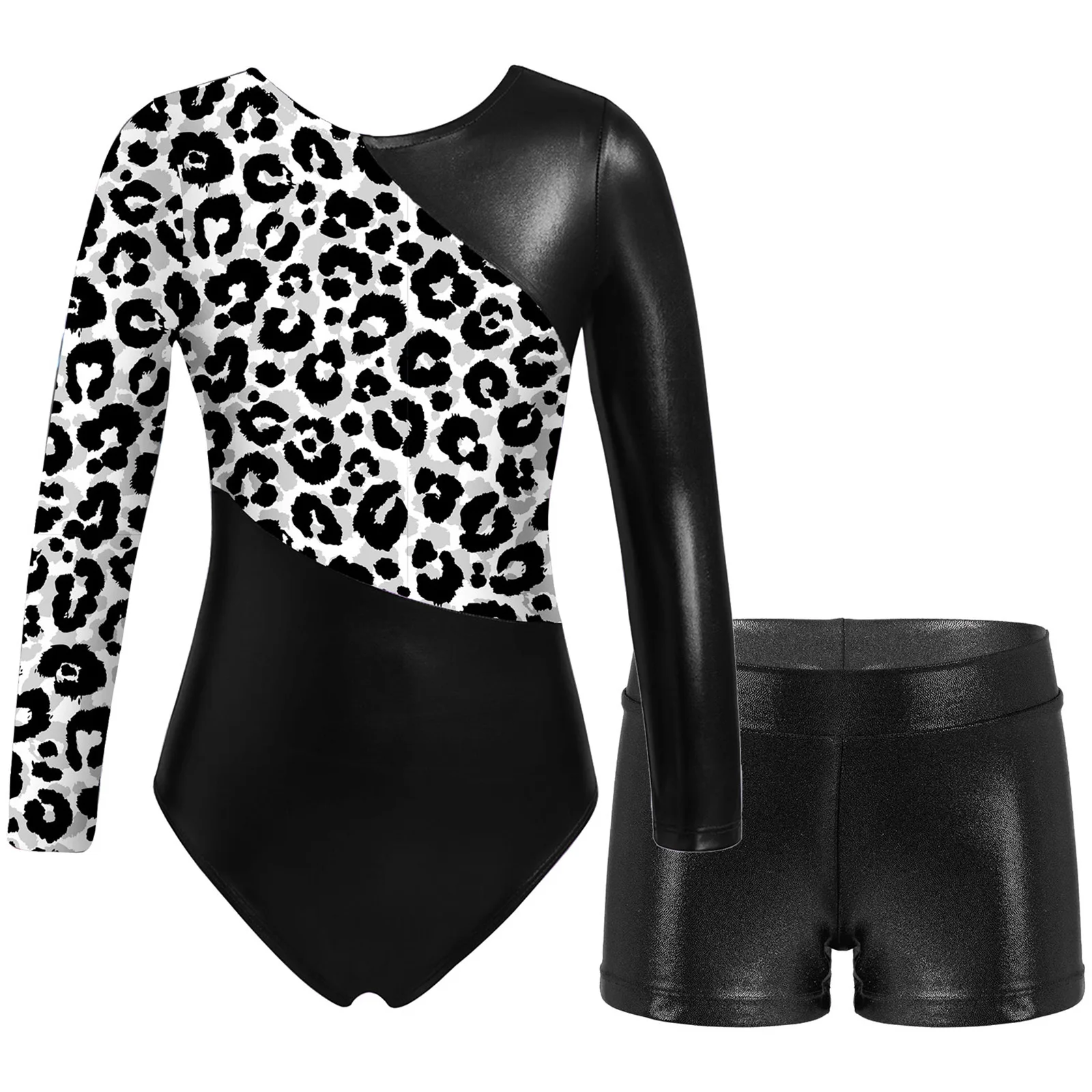 

Kids Girls Ballet Dance Leotard Sports Gymnastics Figure Ice Skating Workout Bodysuit Long Sleeve Printed Leotard+Shorts Outfits