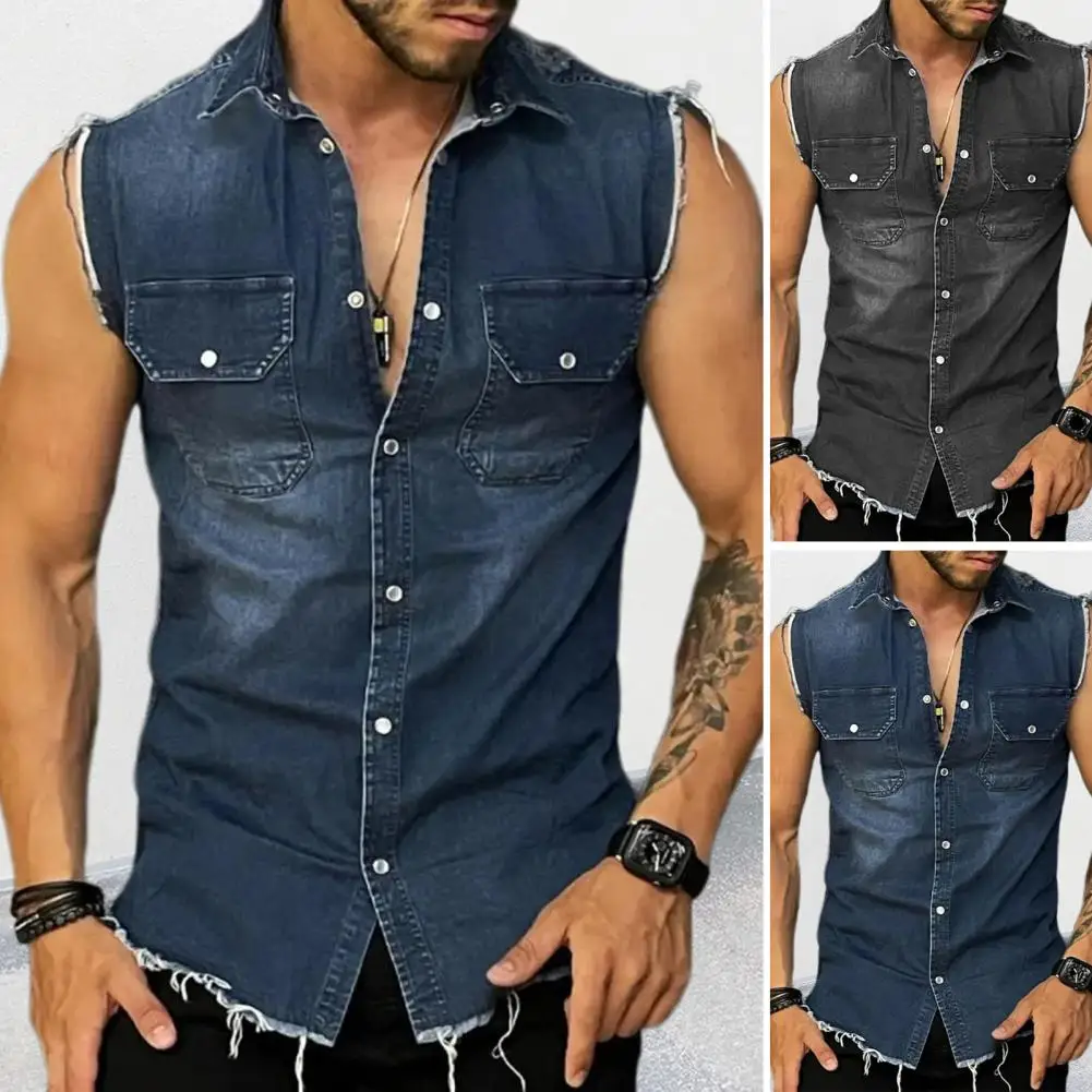 Trendy Vest Coat Sleeveless 3D Cutting Slim Fit Denim Vest Jacket  Shrink Resistant Denim Jacket Daily Clothing