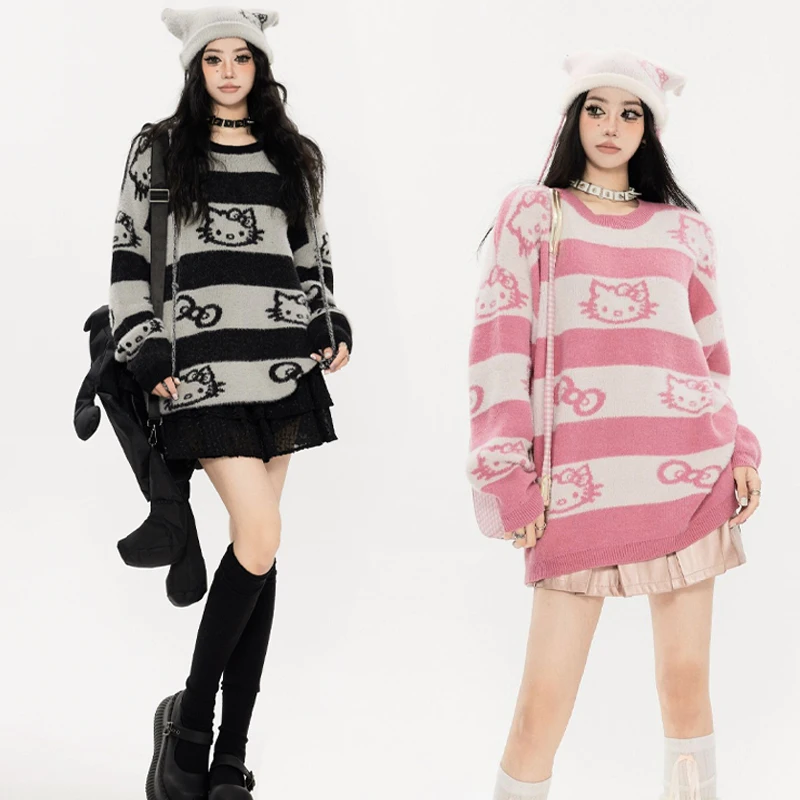 

Sanrio Hello Kitty Sweet Color Collision Design Knitwear Tops Cartoon Printing Loose Versatile Ageing Sweater Fashion Women