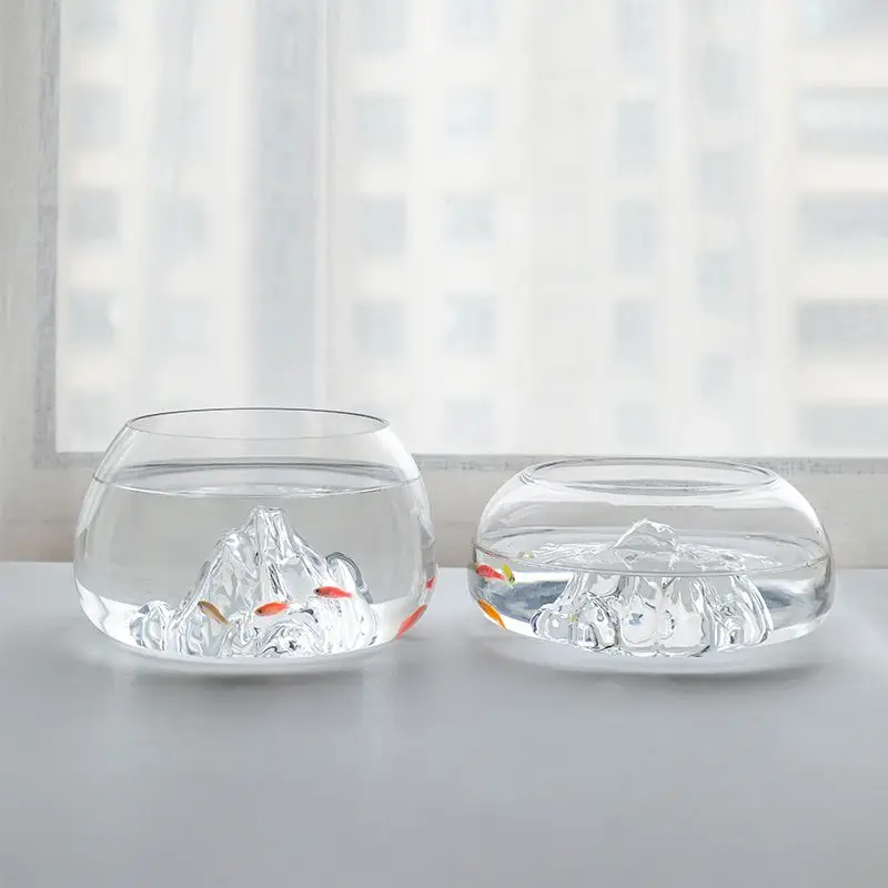 Iceberg Fish Tank Desktop Transparent Mini Living Room Home Office Thickened Creative Circular Fish Tank for Small Ornamental Fishs