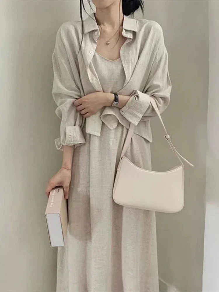 2024 New Casual Women Dress Suit Sexy Solid A-line Dresses Long Sleeve Single Breasted Top Sets Summer Elegant Lady 2 Piece Set french style dresses women summer puff sleeve high waist a line solid color o neck slim thin waistless office lady dress female
