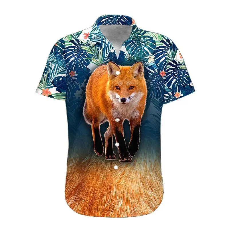 thumbnail image 1 of Camisas de playa de manga corta para hombre, camisa hawaiana con estampado 3D de zorro animal para hombre, camisetas casuales de verano con botones, ropa, 1 of 4