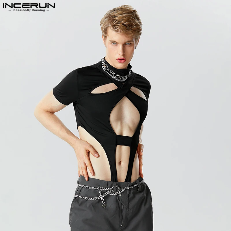 Fashion Men's Homewear Jumpsuits INCERUN 2024 Symmetric Hollow Design Short Sleeve Half High Neck Solid Triangle Bodysuits S-5XL